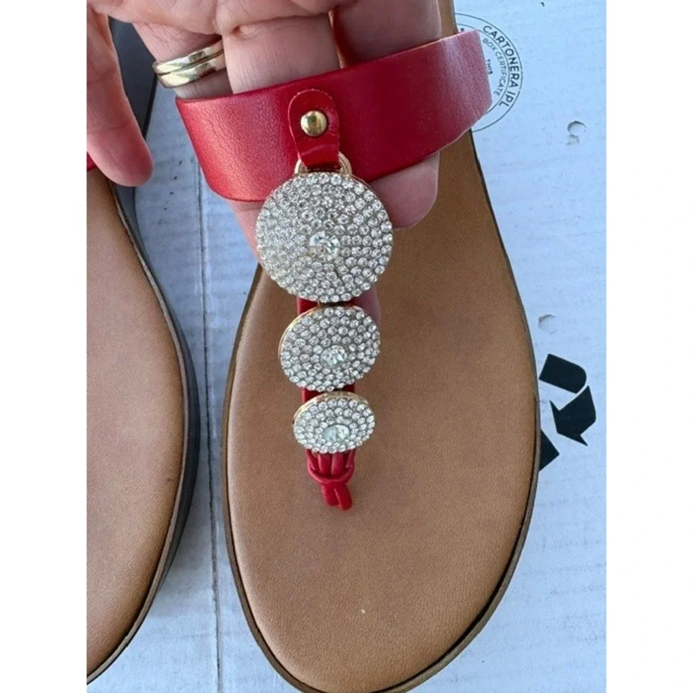 Toscanella Red Italian Leather Wedge Sandals Rhinestone Medallion Womens 9.5